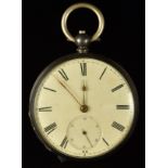 Unnamed white metal open faced pocket watch with subsidiary seconds dial, gold hands, black Roman