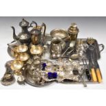 Silver plated ware including twin handled tray, tea ware, ornate pen trays, cruets etc