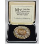 Royal Mint 'Battle of Waterloo 175th Anniversary' commemorative silver medal, in case with
