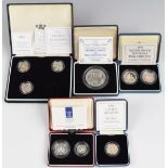 Nine Royal Mint silver proof UK coins comprising 1999-2002 £1, a 1990 5p two coin set, 1992 10p