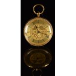 John Williams of Carmarthen 18ct gold open faced pocket watch with blued hands, black Roman