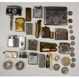 Collection of vintage cigarette lighters, vestas, silver coinage to include hallmarked silver vesta,