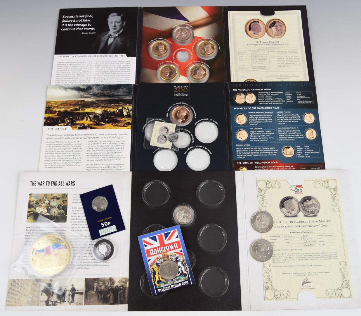 Military related coin presentation packs, London Mint gold plated commemoratives, oversized VE