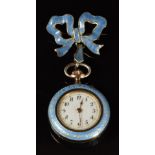 Silver and enamel keyless winding open faced pocket watch with gold hands, black Arabic numerals,