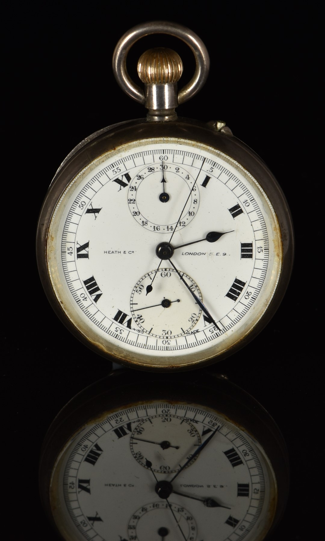 Heath & Co of London silver keyless winding open faced chronograph pocket watch with blued hands,