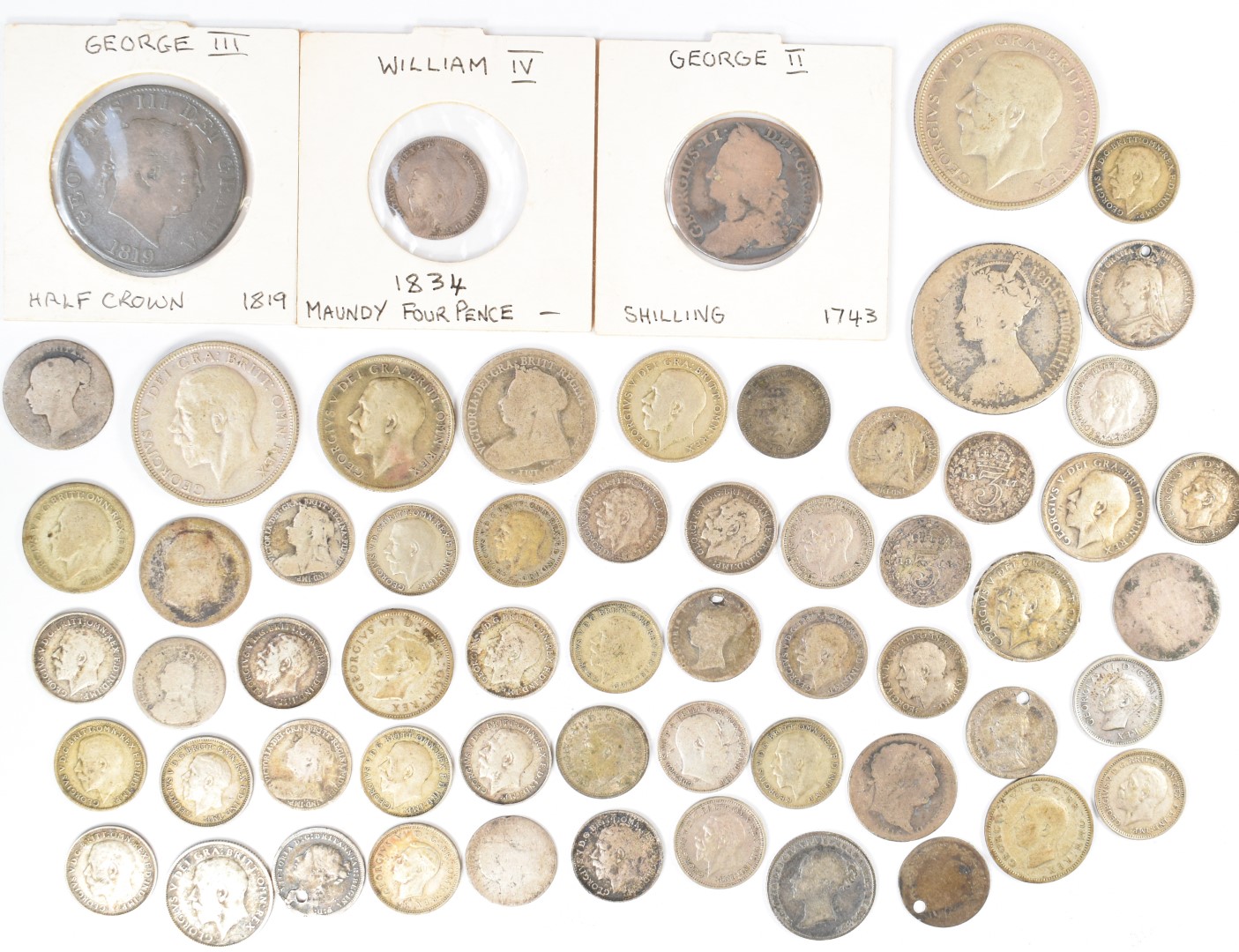 Georgian and later pre 1947 British silver coins including George II 1743 shilling, William IV