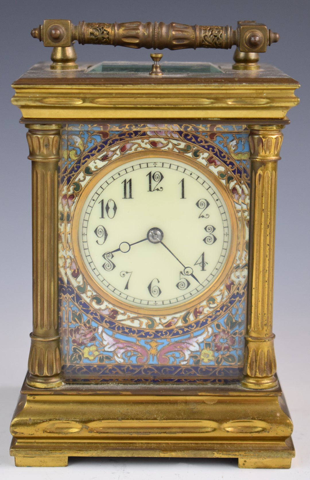 19th or early 20thC gilt brass cased repeating carriage clock, with enamel decoration to the dial,