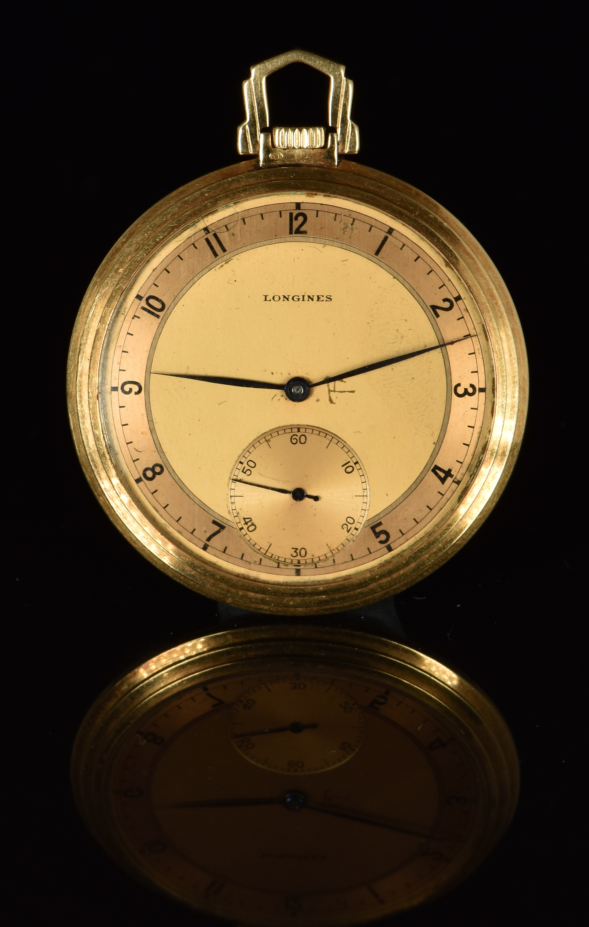 Longines Art Deco 14ct gold keyless winding open faced pocket watch with inset subsidiary seconds
