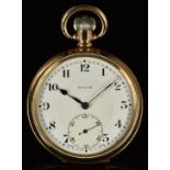 Rolex gold plated keyless winding open faced pocket watch with inset subsidiary seconds dial,