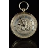 White metal open faced pocket watch with blued hands, black Roman numerals, embossed religious scene