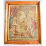 A 19thC tapestry depicting a king with subjects, in period birds eye maple frame 44 x 35cm