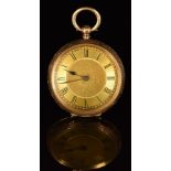 Unnamed 14ct gold open faced pocket watch with blued hands, black Roman numerals, engraved gold dial