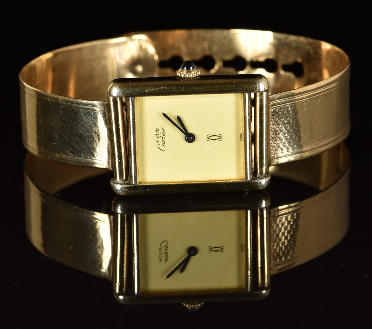 Must de Cartier silver gilt wristwatch with gold dial, blued hands, sapphire set crown and quartz - Image 2 of 3