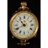 Unnamed 14ct gold keyless winding open faced pocket watch with blued hands, black Roman numerals,