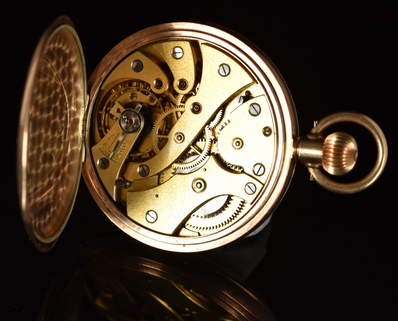 Unnamed 9ct gold keyless winding half hunter pocket watch with subsidiary seconds dial, blued hands, - Image 4 of 6