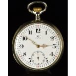 Omega Grand Prix keyless winding open faced pocket watch with ornate gold hands, black Arabic