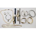 A collection of jewellery and watches including cultured pearl necklace, snake bangle, Bucherer