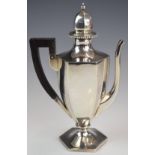 Birks American silver novelty bachelor's coffee or chocolate pot with hexagonal body, marked to base