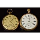 Two gold plated keyless winding open faced pocket watches, one Waltham with gold hands, Roman