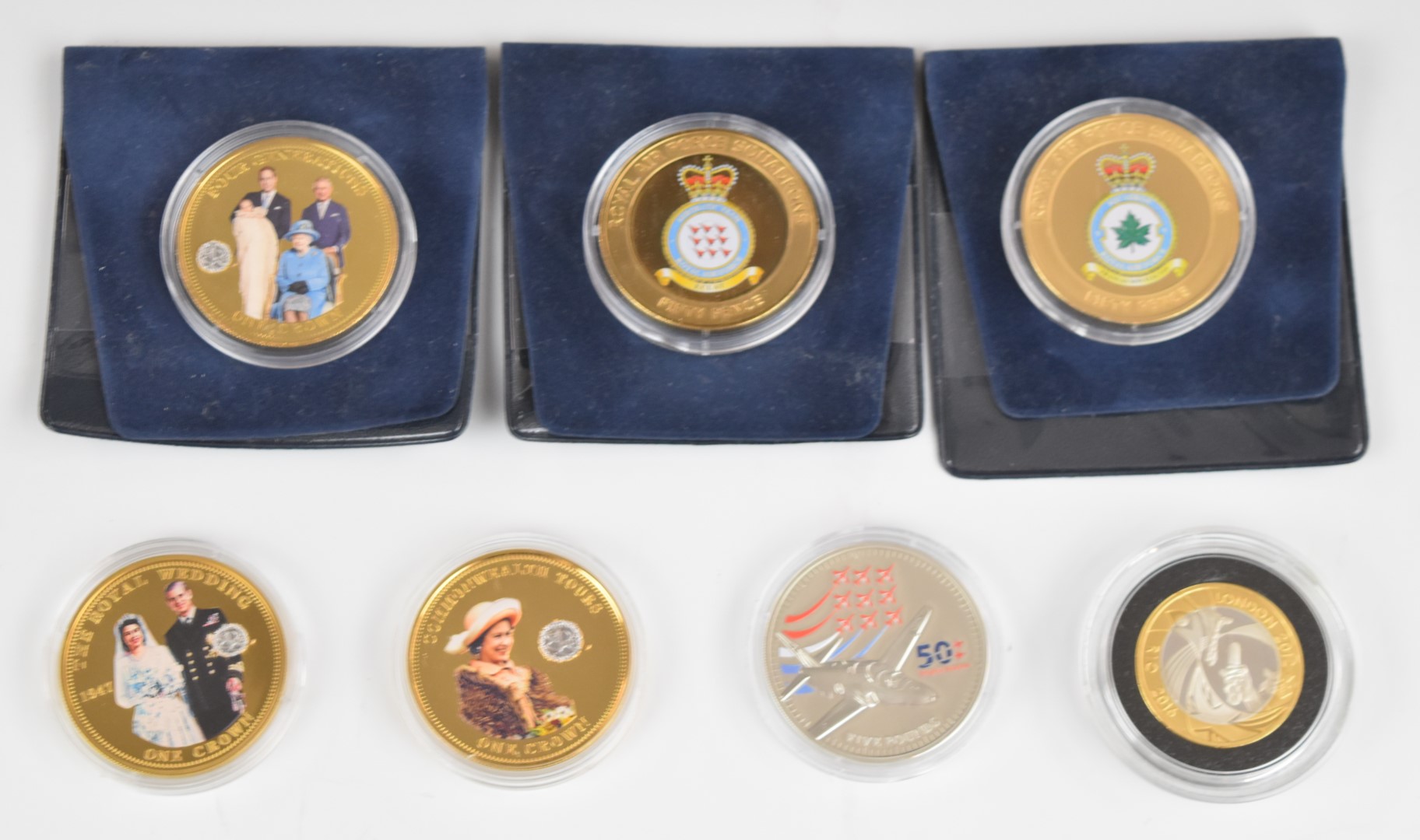 Seven commemorative coins comprising Red Arrows 50th £5, London 2012 to Rio Olympic handover £2,