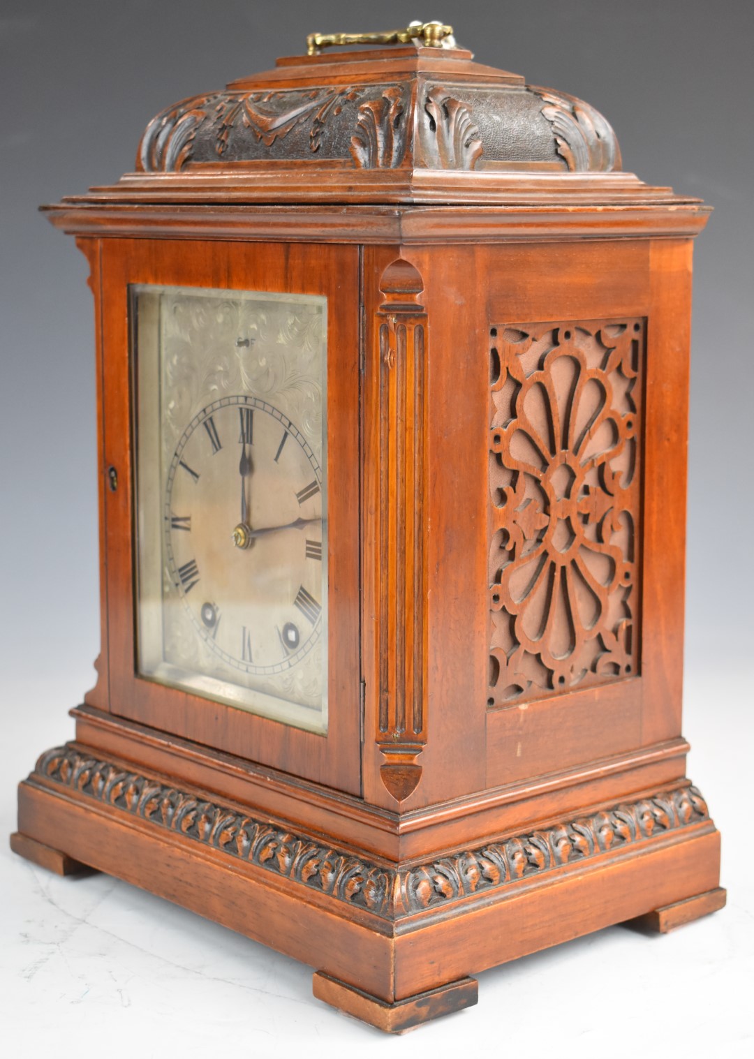 19th or early 20thC mahogany bracket clock with carved decoration, the silvered dial having slow and - Image 2 of 10