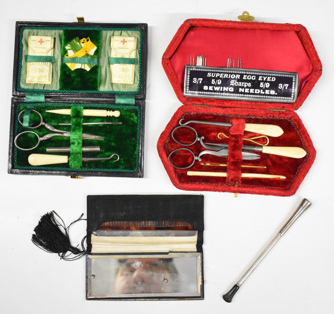 Two cased 19th or early 20th century sewing sets, with cut steel scissors and bone handled tools,