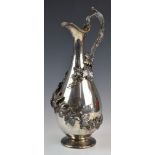 Victorian hallmarked silver wine or similar ewer or jug, with applied vine decoration, London