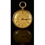 Mann of Gloucester 18ct gold open faced pocket watch with blued hands, black Roman numerals,