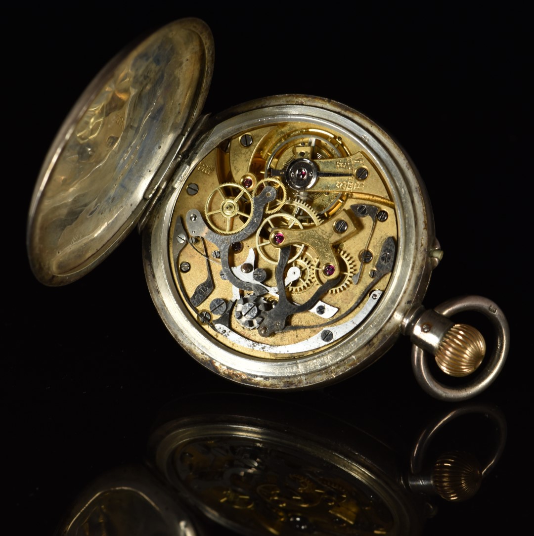 Heath & Co of London silver keyless winding open faced chronograph pocket watch with blued hands, - Image 3 of 3
