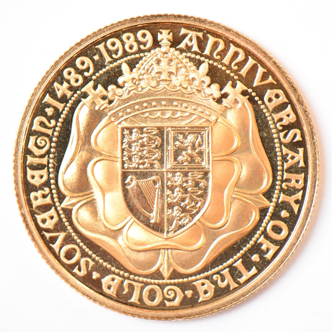 Hattons of London 1989 gold proof double sovereign Queen Elizabeth II to commemorate the 500th - Image 2 of 3