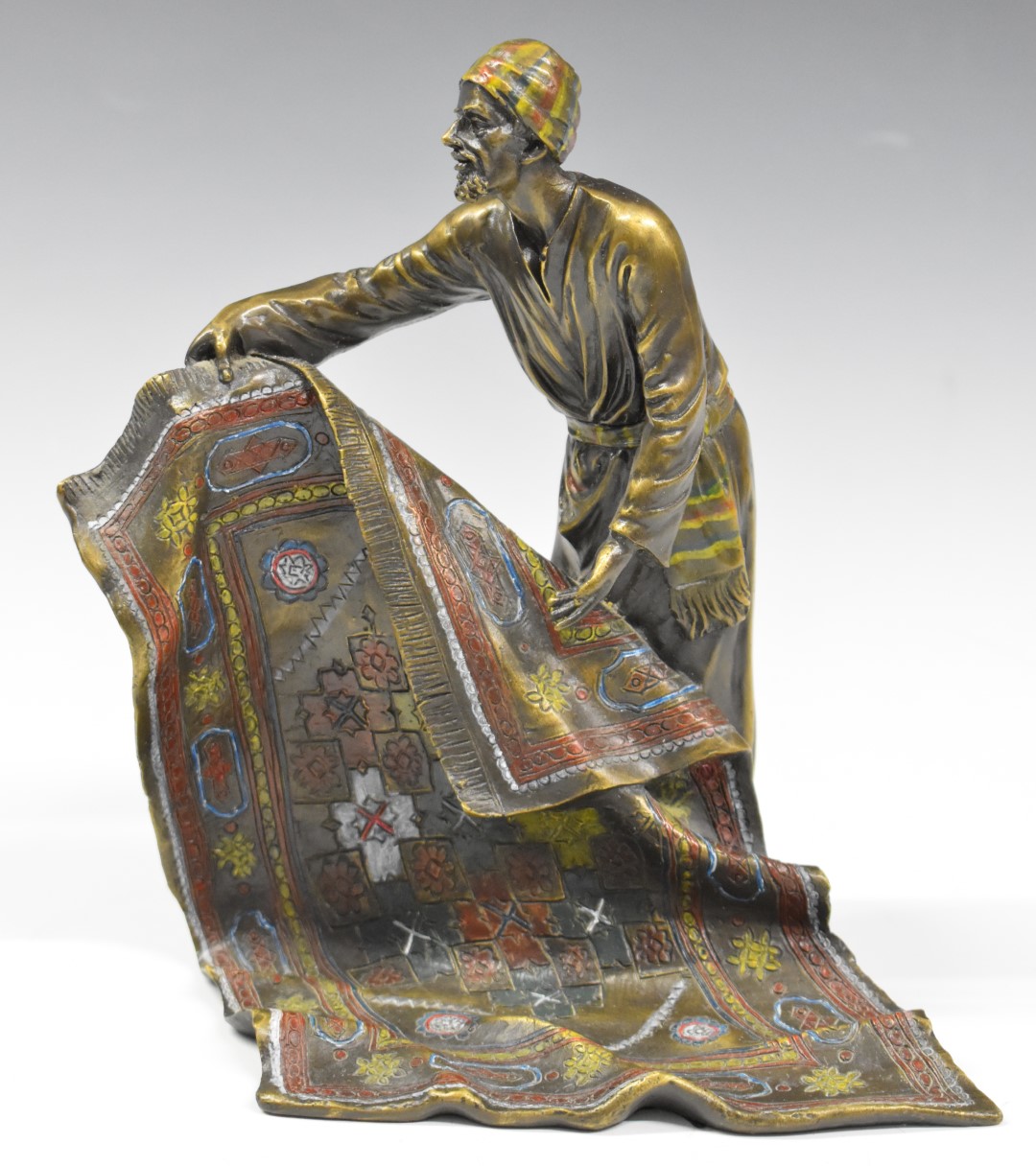 Cold painted bronze figure of an Arab / Eastern carpet seller with impressed Bergman and with - Image 2 of 10