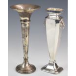 Two hallmarked silver trumpet vases, one with lion mask handles, Chester 1936, the other