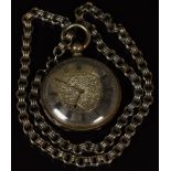 J W Benson white metal open faced pocket watch with blued hands, Roman numerals, engraved case and
