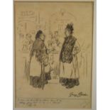 George Belcher (1875-1947) charcoal study of two ladies at a bar, with caption below, signed lower