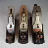 Set of three Record woodworking smoothing planes comprising No 04 1/2, 04 and 03