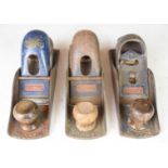 Three Record woodworking block planes comprising No 0110, 0120 and 0220