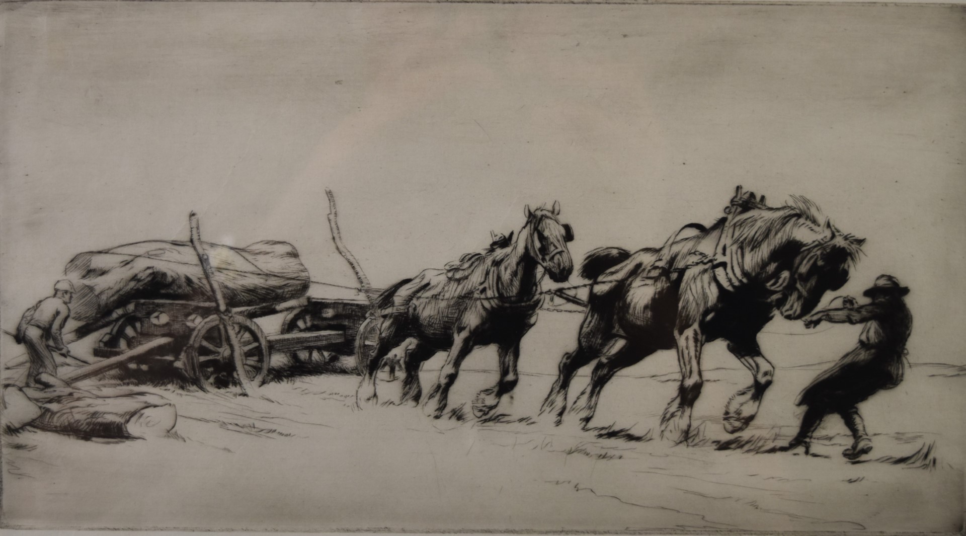 George Soper (1870-1942) signed etching Timber Hauling No 1 etching, 17 x 29cm, in beech frame
