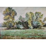 Oil on board impressionist landscape of trees, 56 x 78cm, in gilt frame