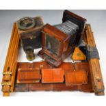 19thC mahogany plate camera, with brass fittings, Thornton Pickard shutter and f8 lens, together