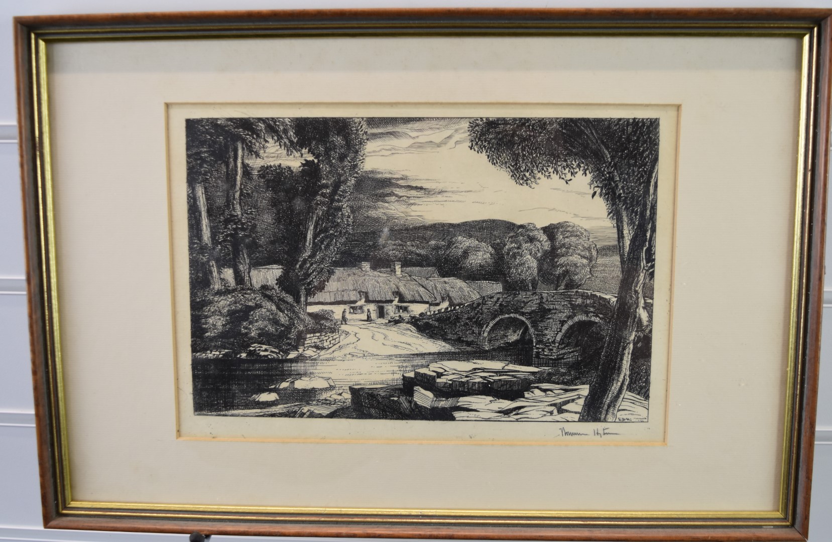 Edward Bouverie Hoyton (1900-1988) signed etching cottages beside a bridge with river and ford to - Image 2 of 4