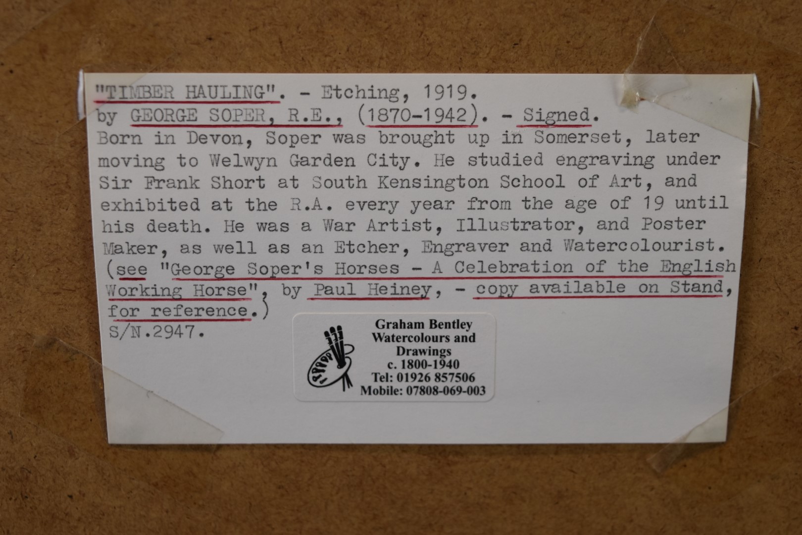 George Soper (1870-1942) signed etching Timber Hauling No 1 etching, 17 x 29cm, in beech frame - Image 5 of 5