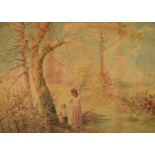 Early 20thC watercolour landscape with lady and child looking out from behind a tree, 48 x 66cm