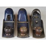 Three Record woodworking block planes comprising No 0110, 0120 and 0220