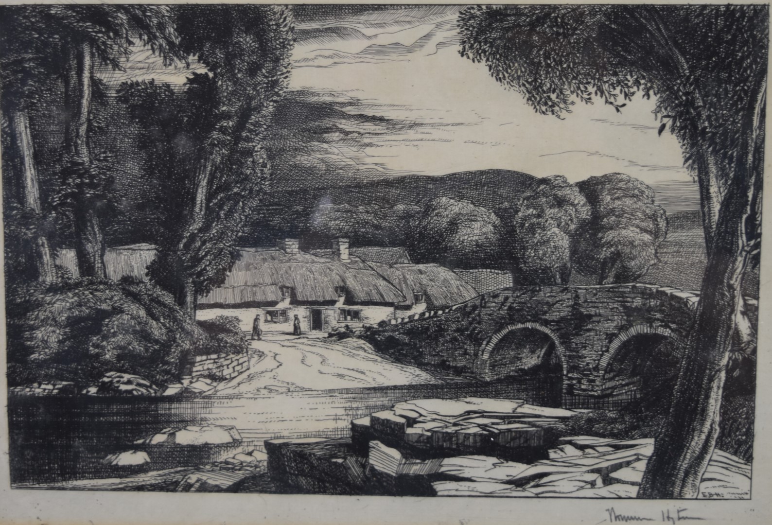 Edward Bouverie Hoyton (1900-1988) signed etching cottages beside a bridge with river and ford to