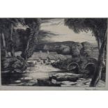 Edward Bouverie Hoyton (1900-1988) signed etching cottages beside a bridge with river and ford to