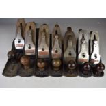 Set of Seven Record woodworking smoothing planes comprising No 07, 06, 05 1/2, 05, 04 1/2, 04 and