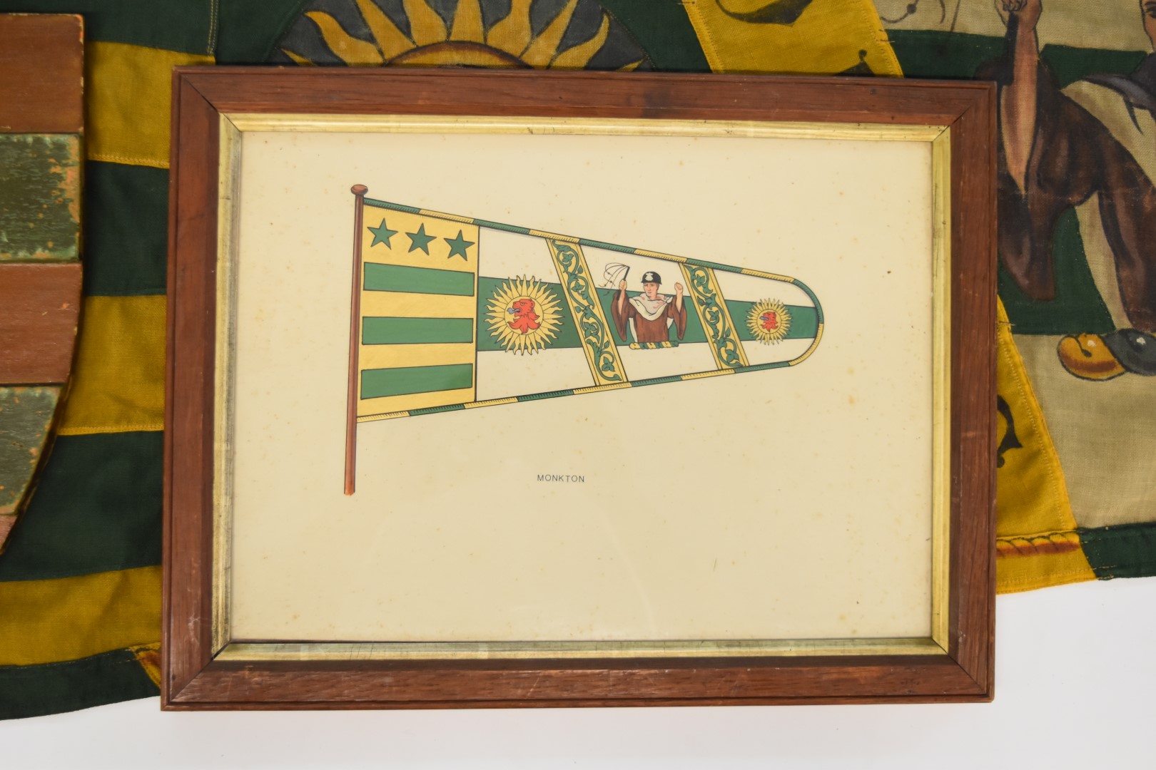 Flag, framed drawing of a similar flag titled Monkton and two wooden coats of arms, length of flag - Image 2 of 6