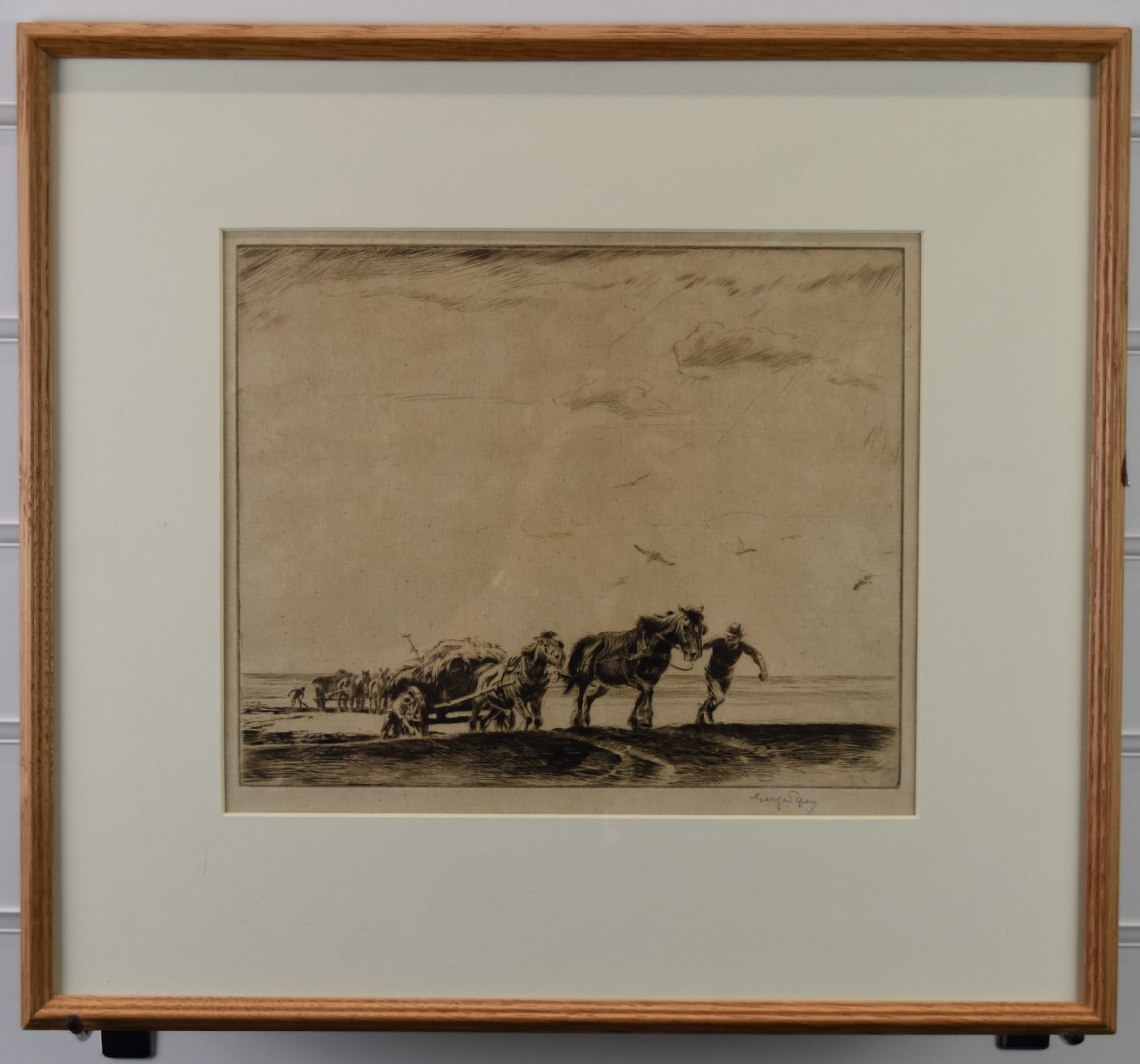 George Soper (1870-1942) signed etching two carts being brought in, 17 x 29cm, in beech frame - Image 2 of 5