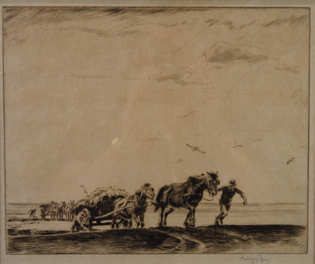 George Soper (1870-1942) signed etching two carts being brought in, 17 x 29cm, in beech frame