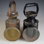 Three British Railways tri colour hand lamps, one marked BR (M) the other two BR, height of